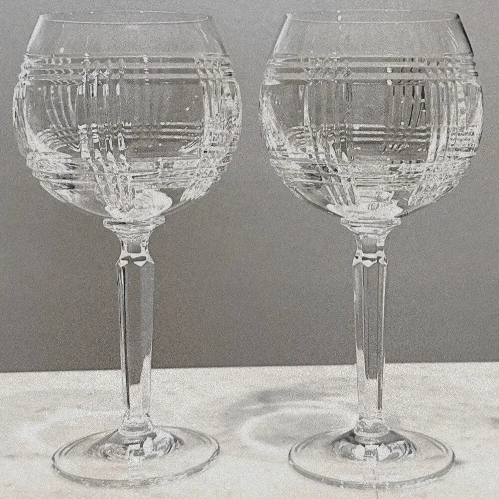Ralph Lauren Glen Plaid Wine Balloon Goblet Crystal Glasses 8.75